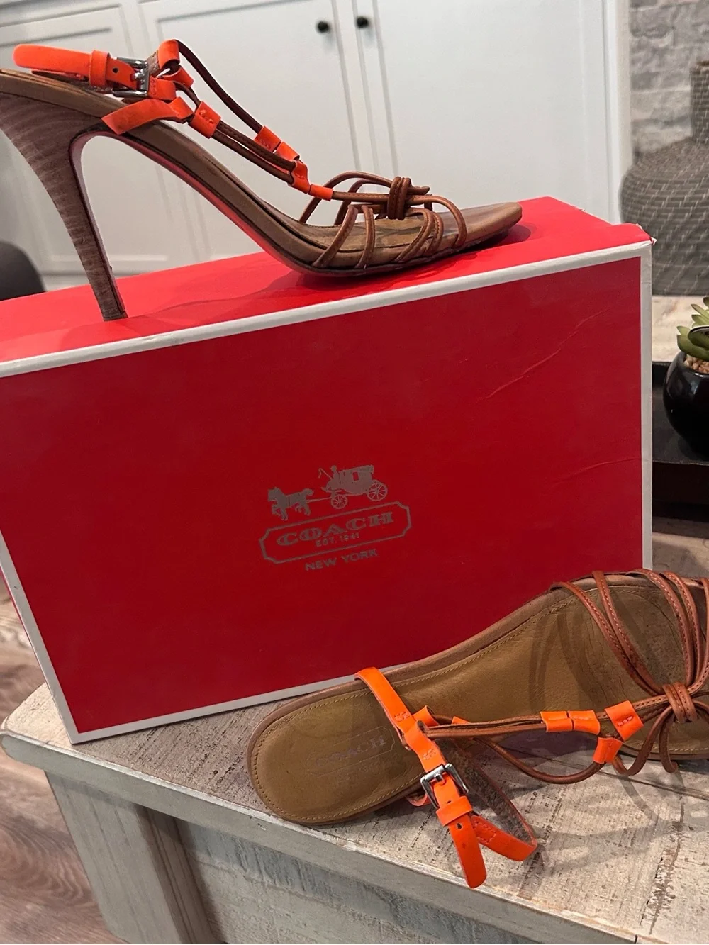 Coach Brown Leather Strappy Heels with Orange Fluorescent Accents